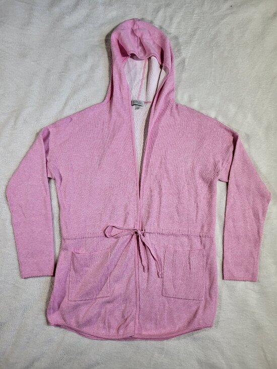 Kinross Cashmere Sweaters - Kinross Cashmere Light Pink Cotton Cashmere Long Sleeve Hooded Cardigan - Size L